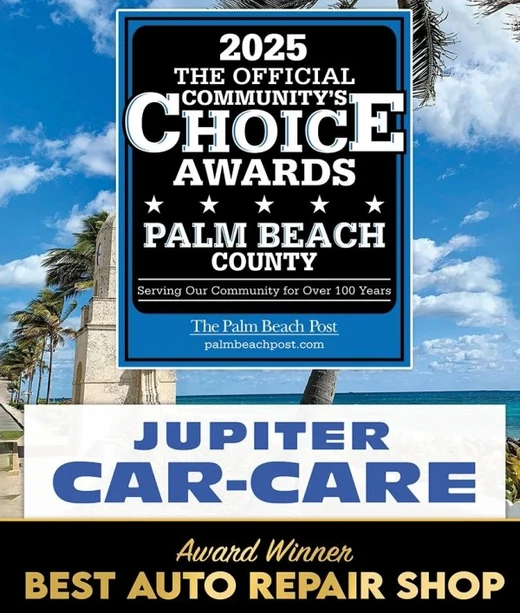 2025 Community Choice Awards Palm Beach County graphic naming Jupiter Car-Care Award Winner for Best Auto Repair Shop