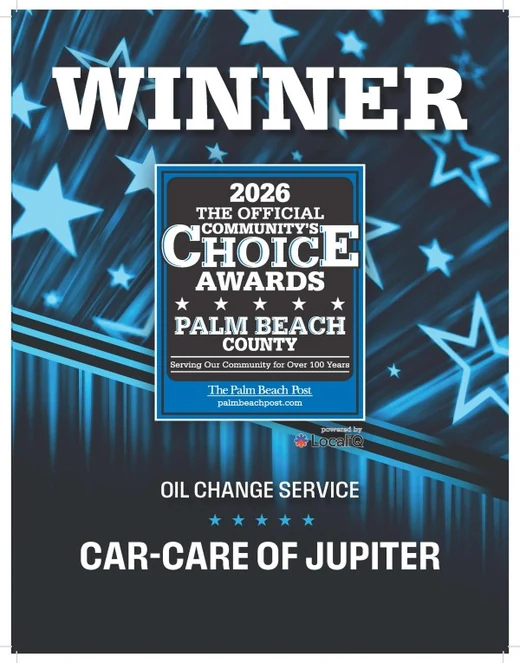 2026 Community Choice Awards graphic naming Car-Care of Jupiter Winner for Oil Change Service